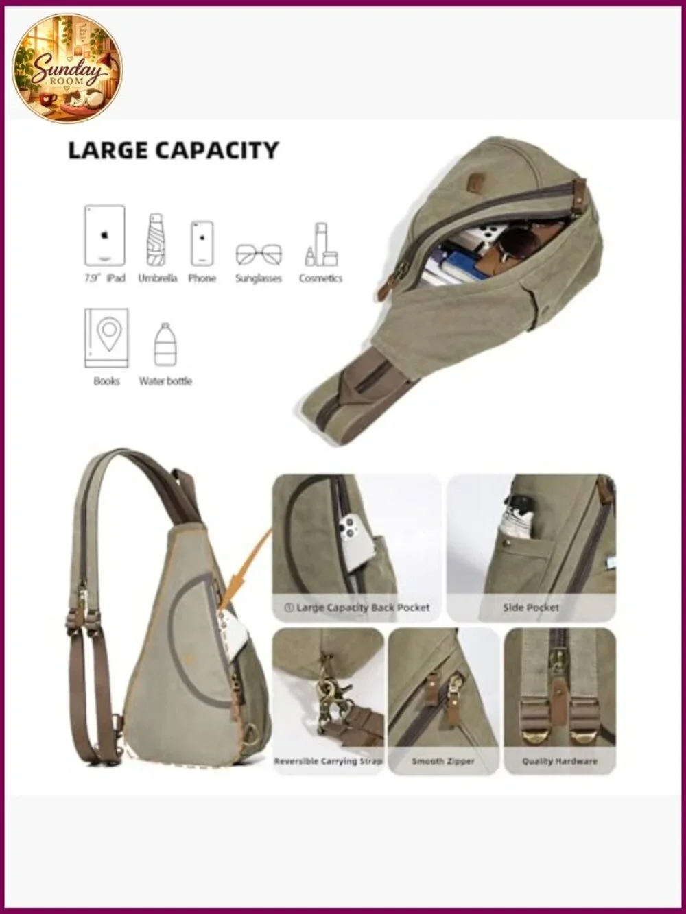 Canvas Sling Bag - Small Crossbody Backpack Shoulder Casual Daypack